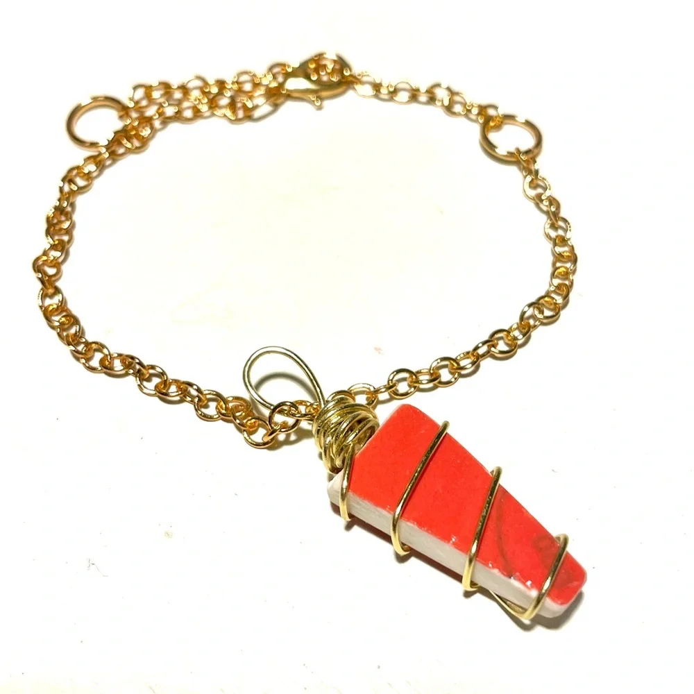 Hand Crafted 18k Gold Plated and Orange Glass Pendant Bracelet